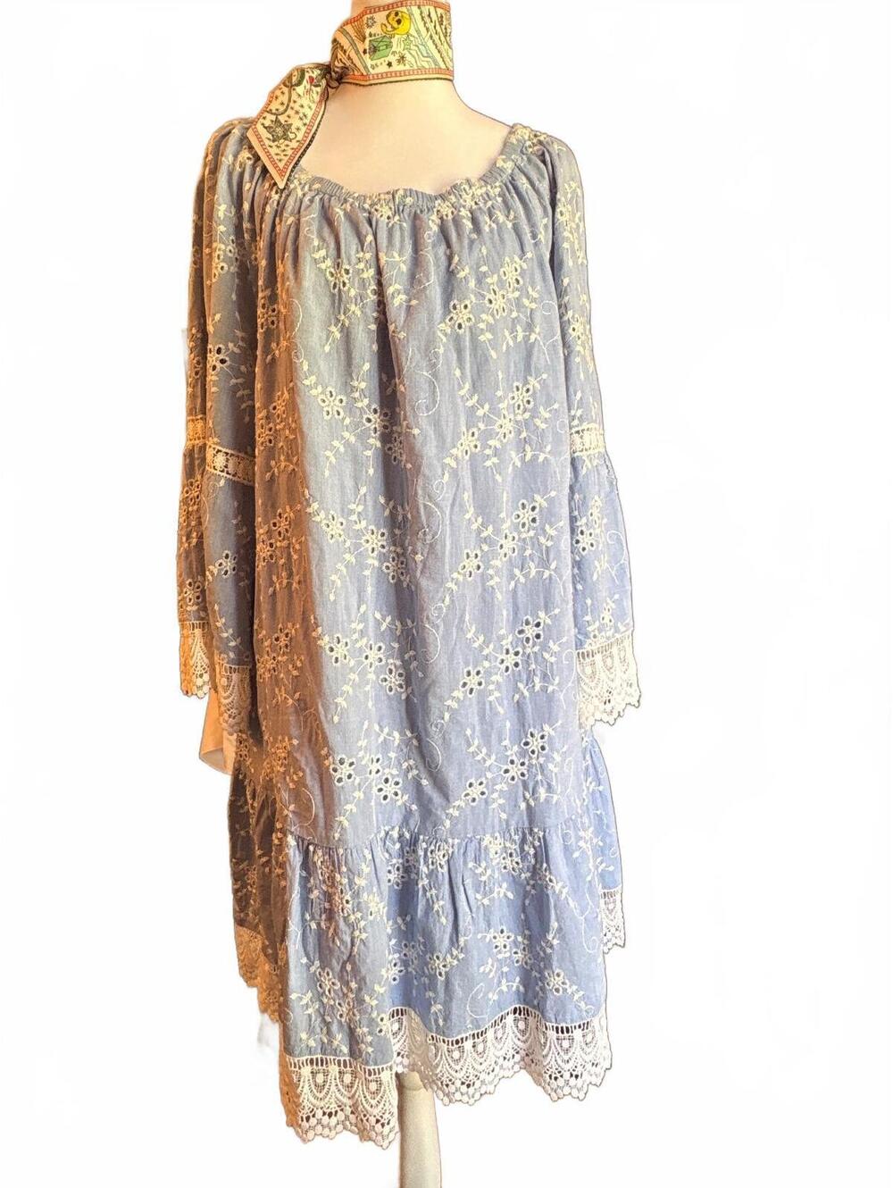 Karen Kane Blue and White cotton long sleeve tiered eyelet ruffle dress L